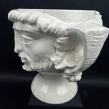 Large white earthenware flowerpot with faun heads circa 1900