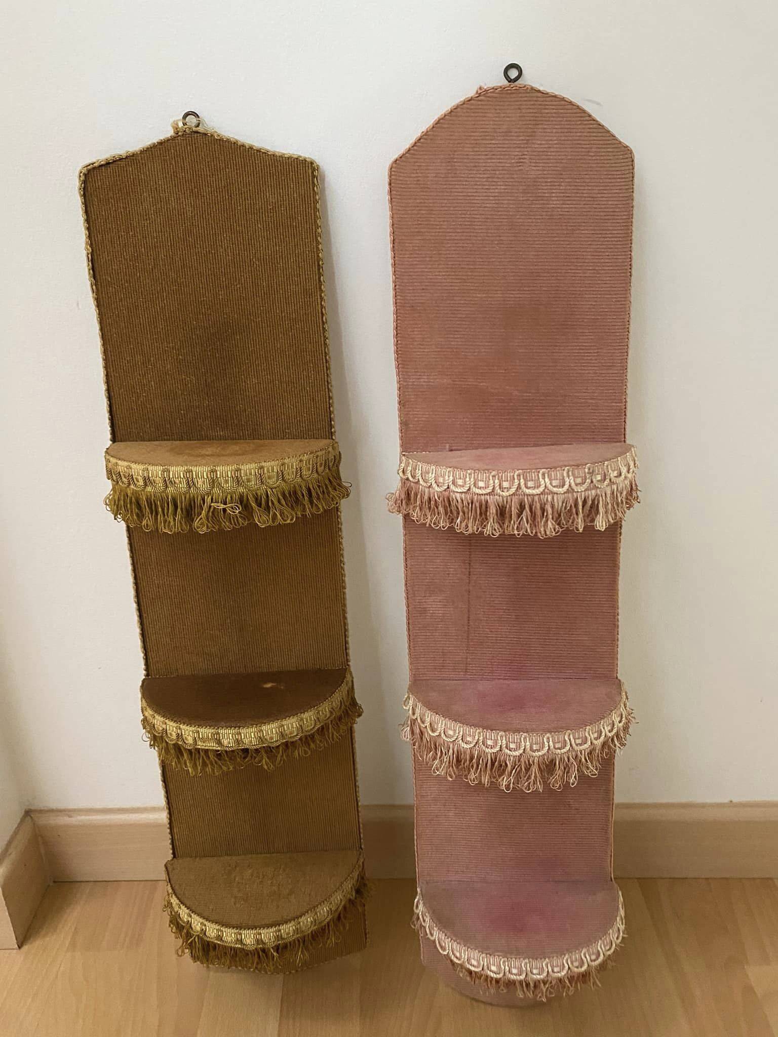 Two very kitsch wall shelves in bronze and pink velvet