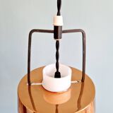Trio of Scandinavian pendant lights in opaline and copper metal, 1960s