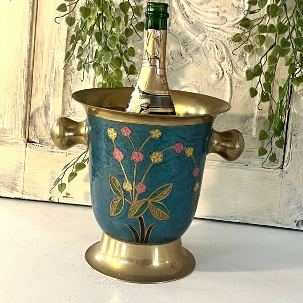 Refroidisseur en émail cloisonné, floral en laiton, vintage français, bleu, champagne.