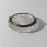 Vintage crystal glass ashtray from the 1920s, silver-edged with a textured pattern, Art Deco table decoration.