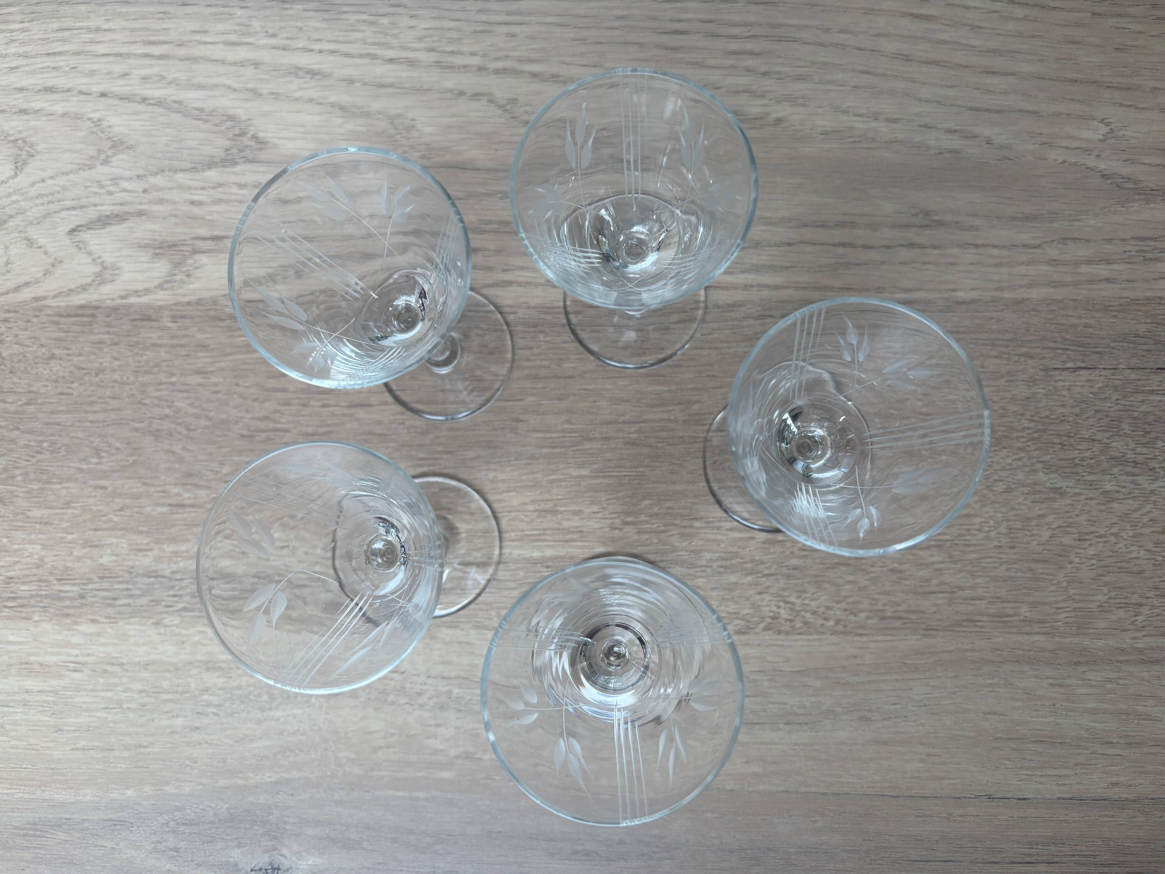 Set of 5 engraved glass liqueur glasses