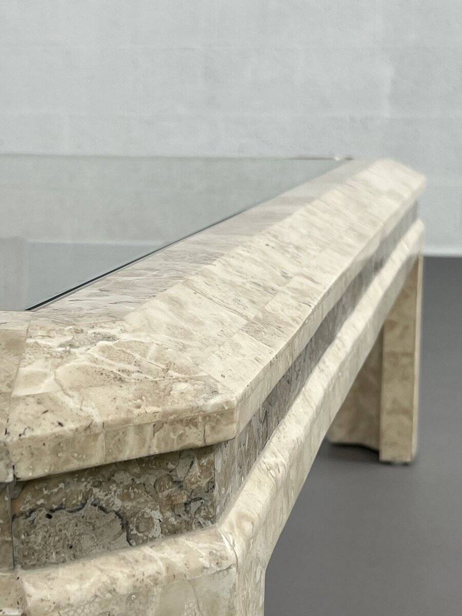 1980s coffee table in stone and glass marquetry