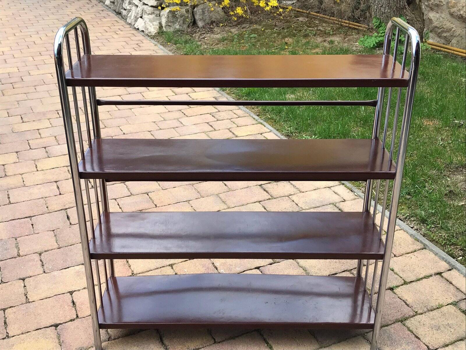 Brown metal Bauhaus industrial bookshelf, 4 shelves, 1920s Czech Republic