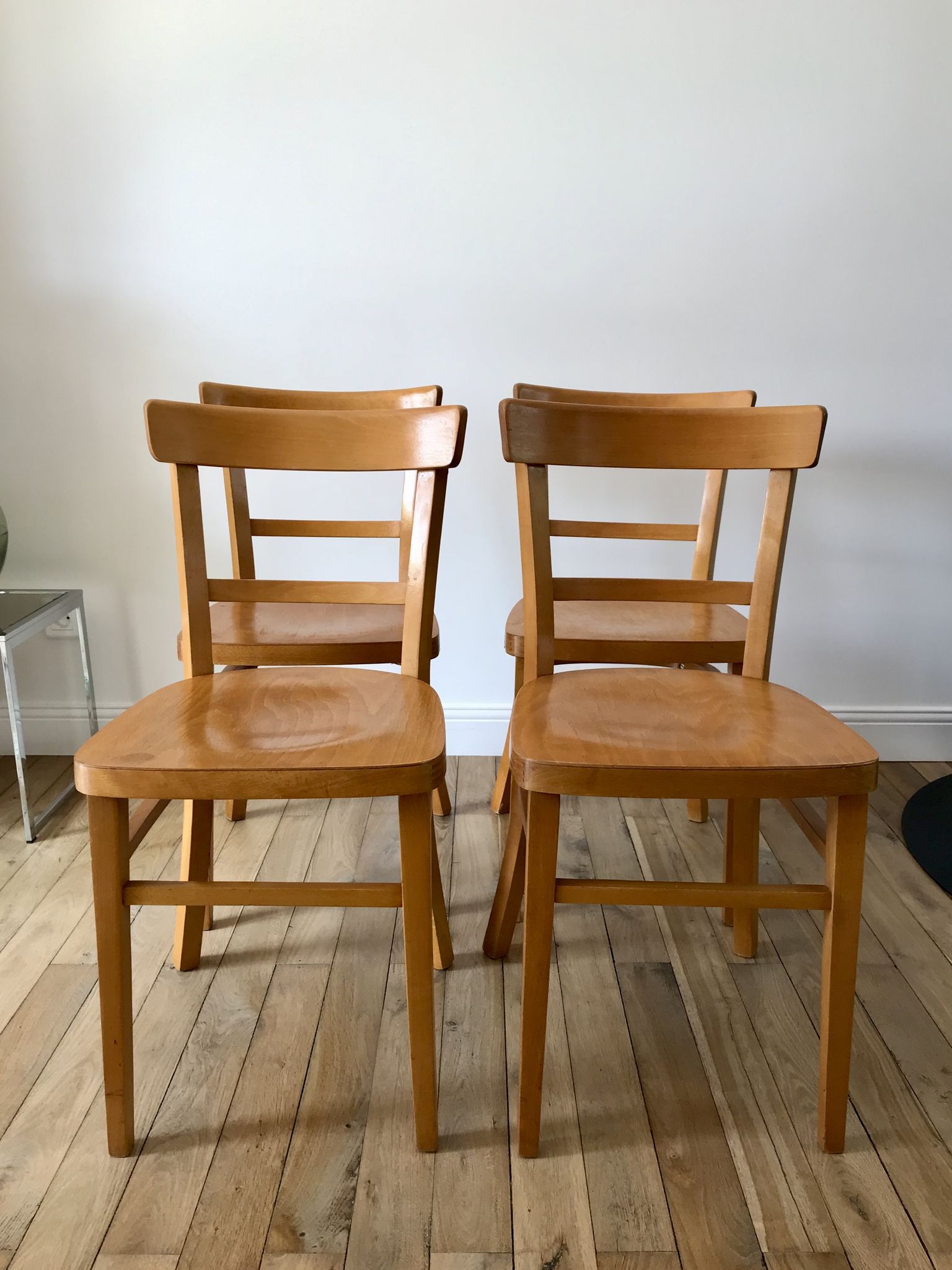 set of 4 Thonet bistro chairs in curved wood honey Mid-Century 50s