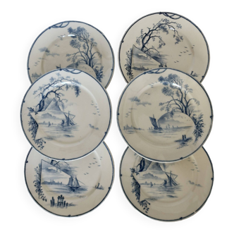 6 antique Gien earthenware dessert plates 19th century Marines model