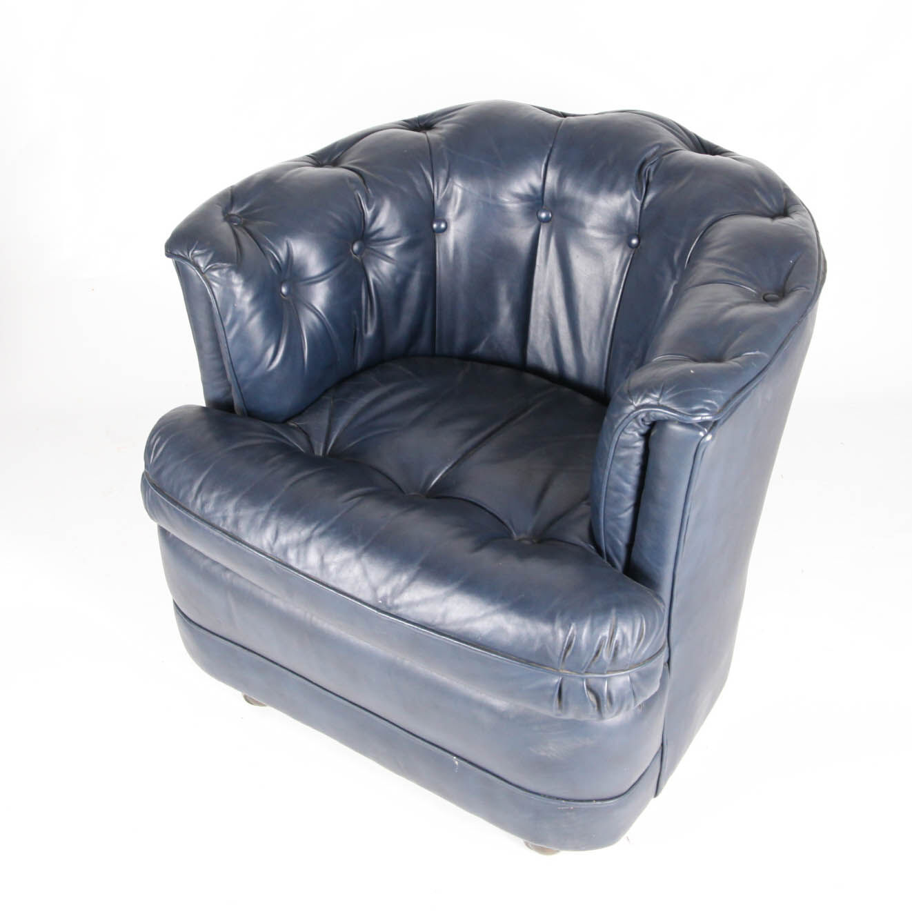 Suite of 3 small armchairs in midnight blue leather with castors