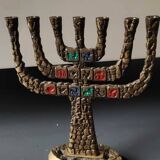 Menorah/Candlestick with 7 light arms. In old gold patinated brass/Decor 12 astrological signs. Engraved Jerusalem. Height 14 cm