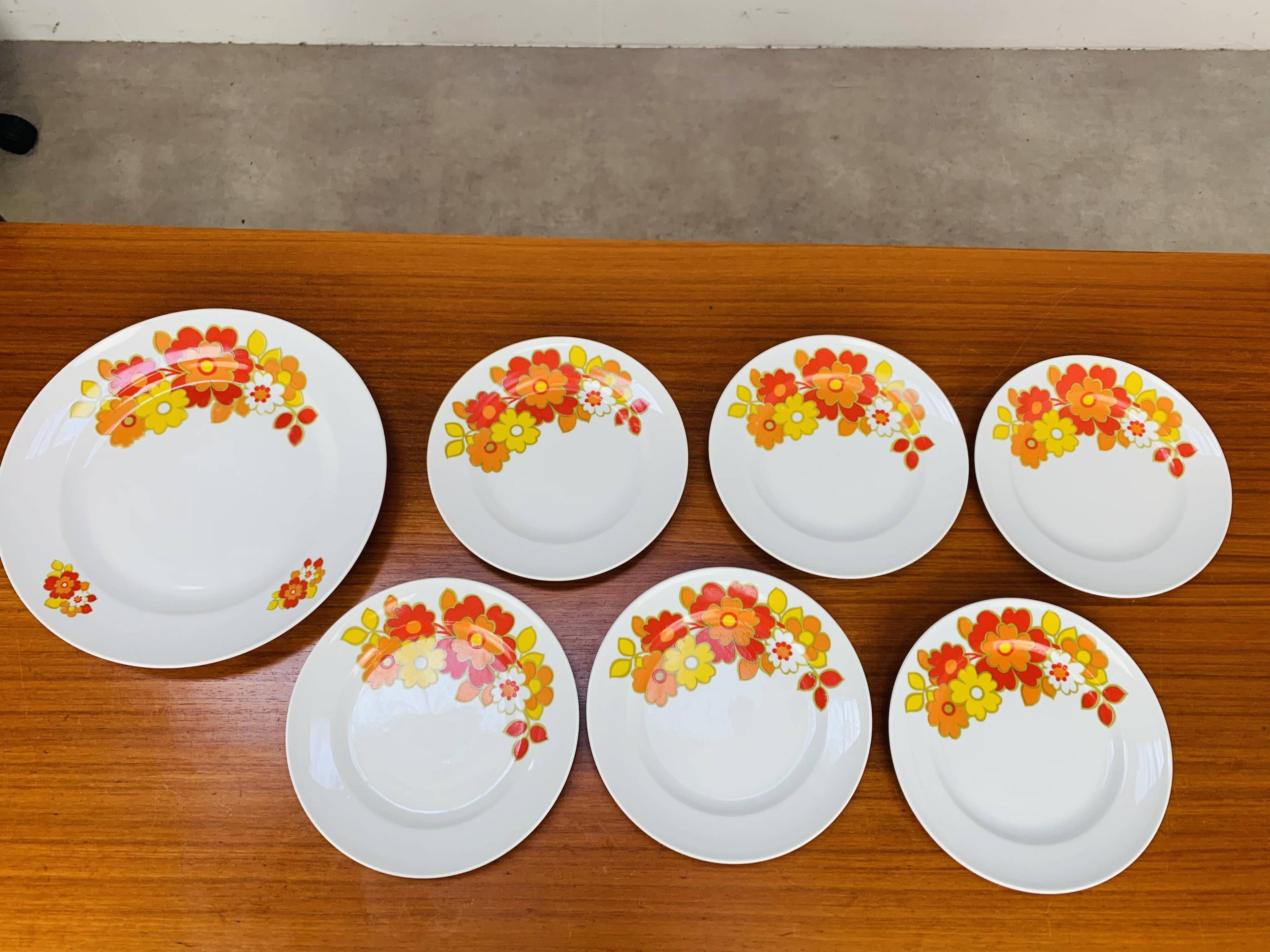 Tea and dessert set of 6 cups, German porcelain, flowers, 70s