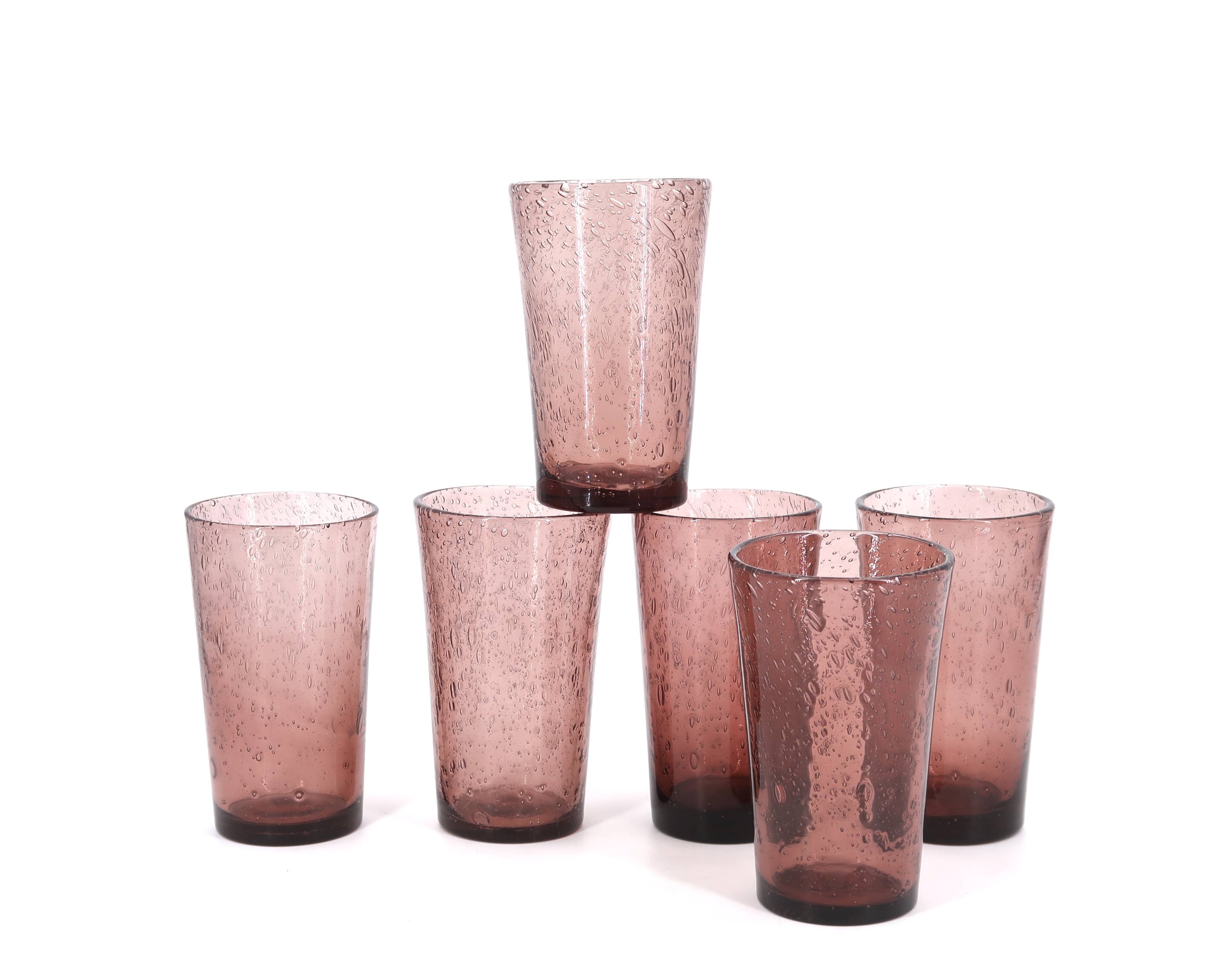 Six bubbled Biot glasses in purple glass, 1970s