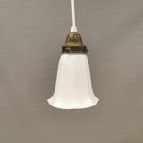 Small delicious tulip shaped hanging lamp in white opal glass with brass top.