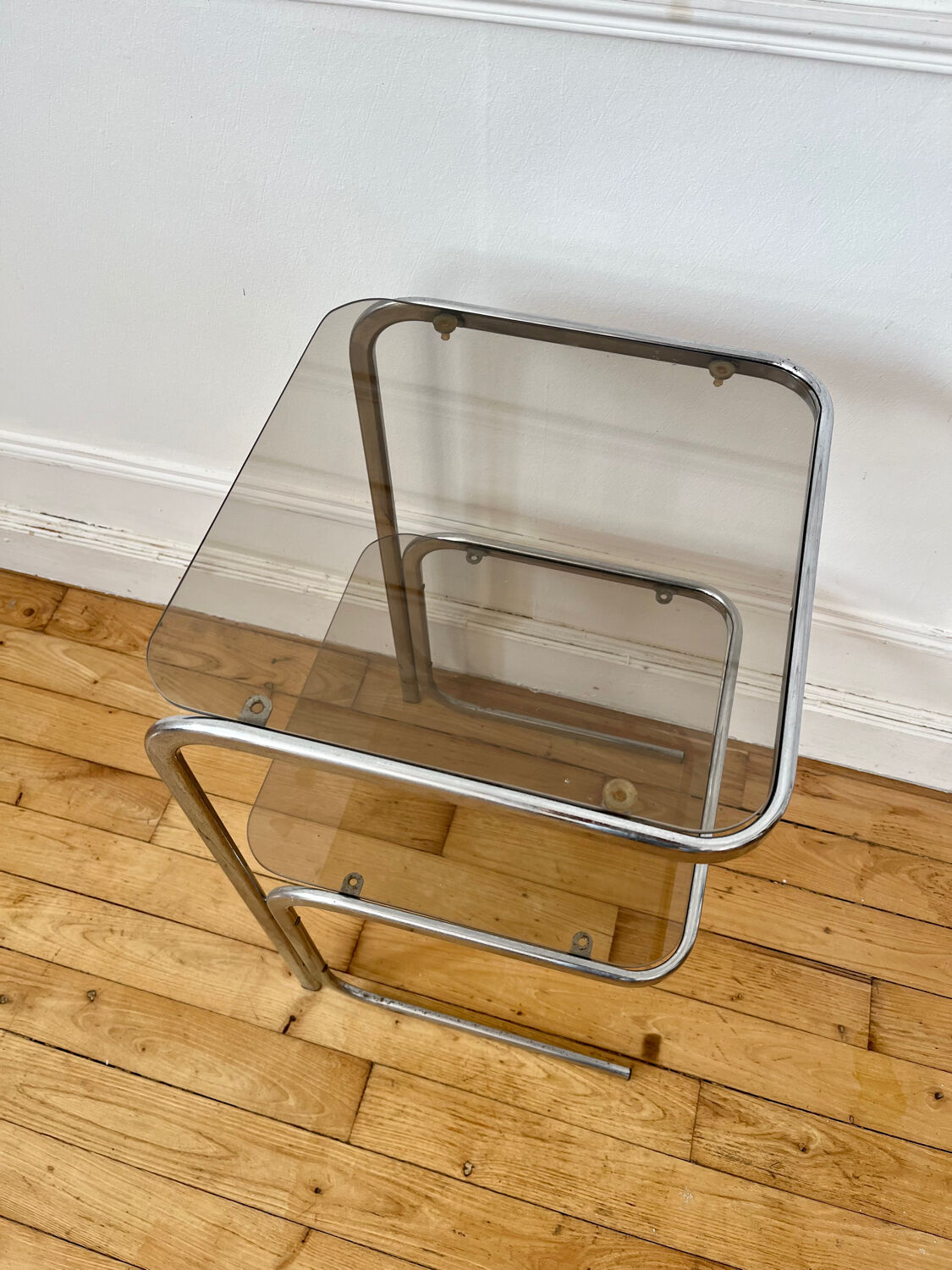 Vintage chrome and smoked glass side table
