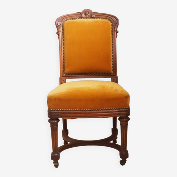 Chaise ancienne capitonnée Style Régence - Structure bois et rembourrage en crin –  Couleur moutarde