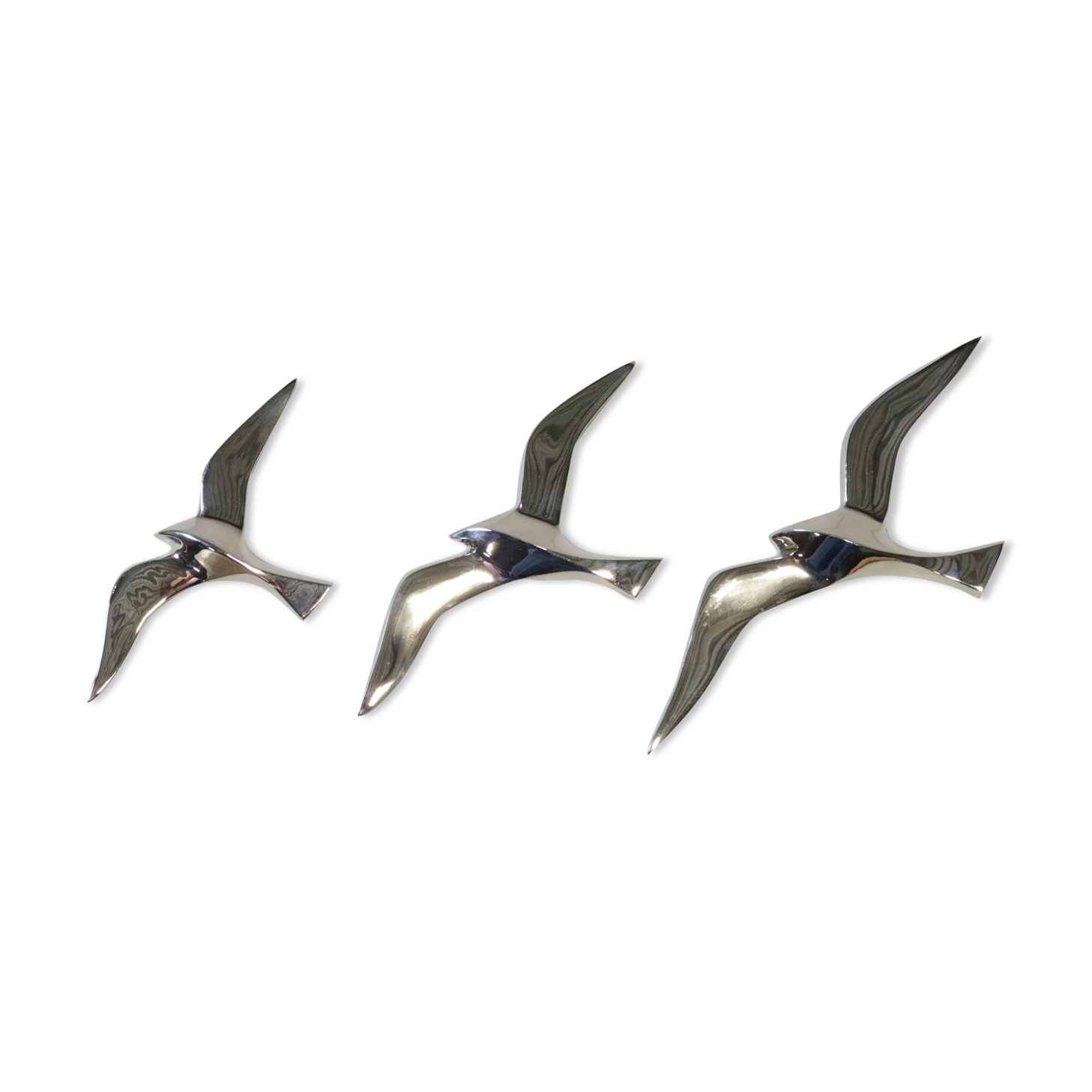Set of 3 chrome gull birds, 15 - 20 -25 cm