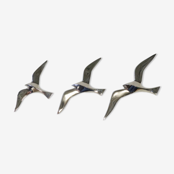 Set of 3 chrome gull birds, 15 - 20 -25 cm