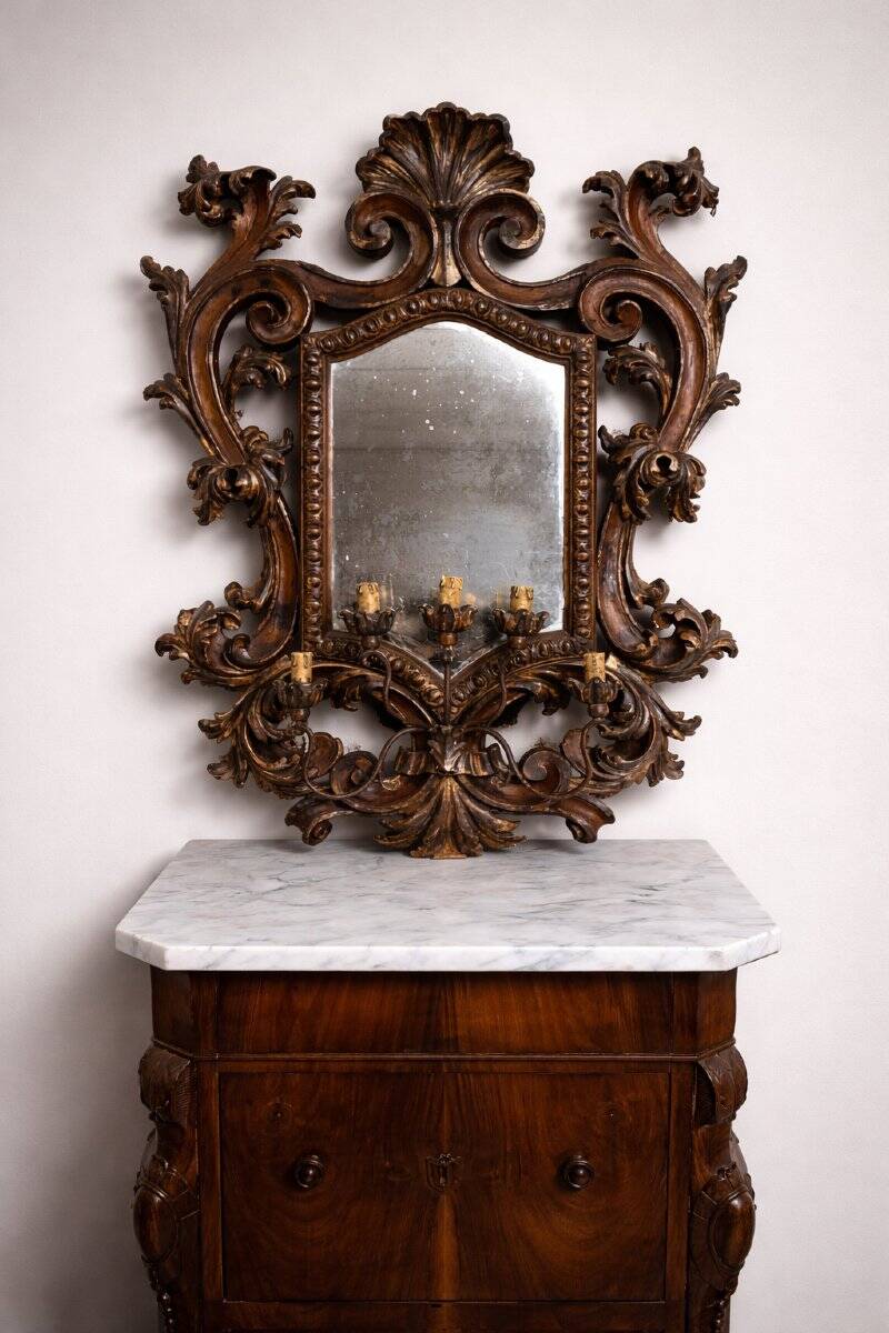 Large Venetian wall mirror in Louis XV style with 5 light arms.