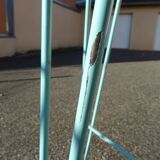 Pair of high bar stools leather and turquoise metal bar stools