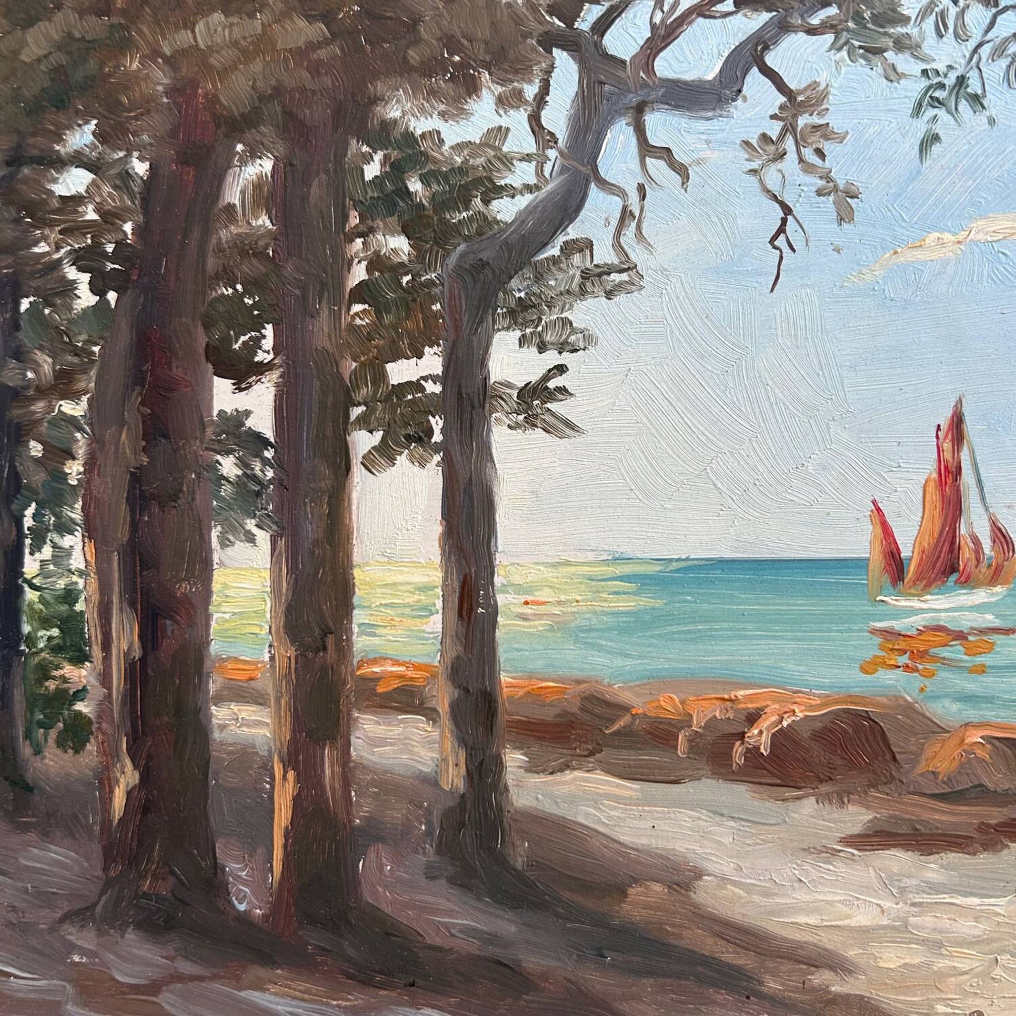 Painting of sailboats on the coast