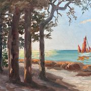 Painting of sailboats on the coast