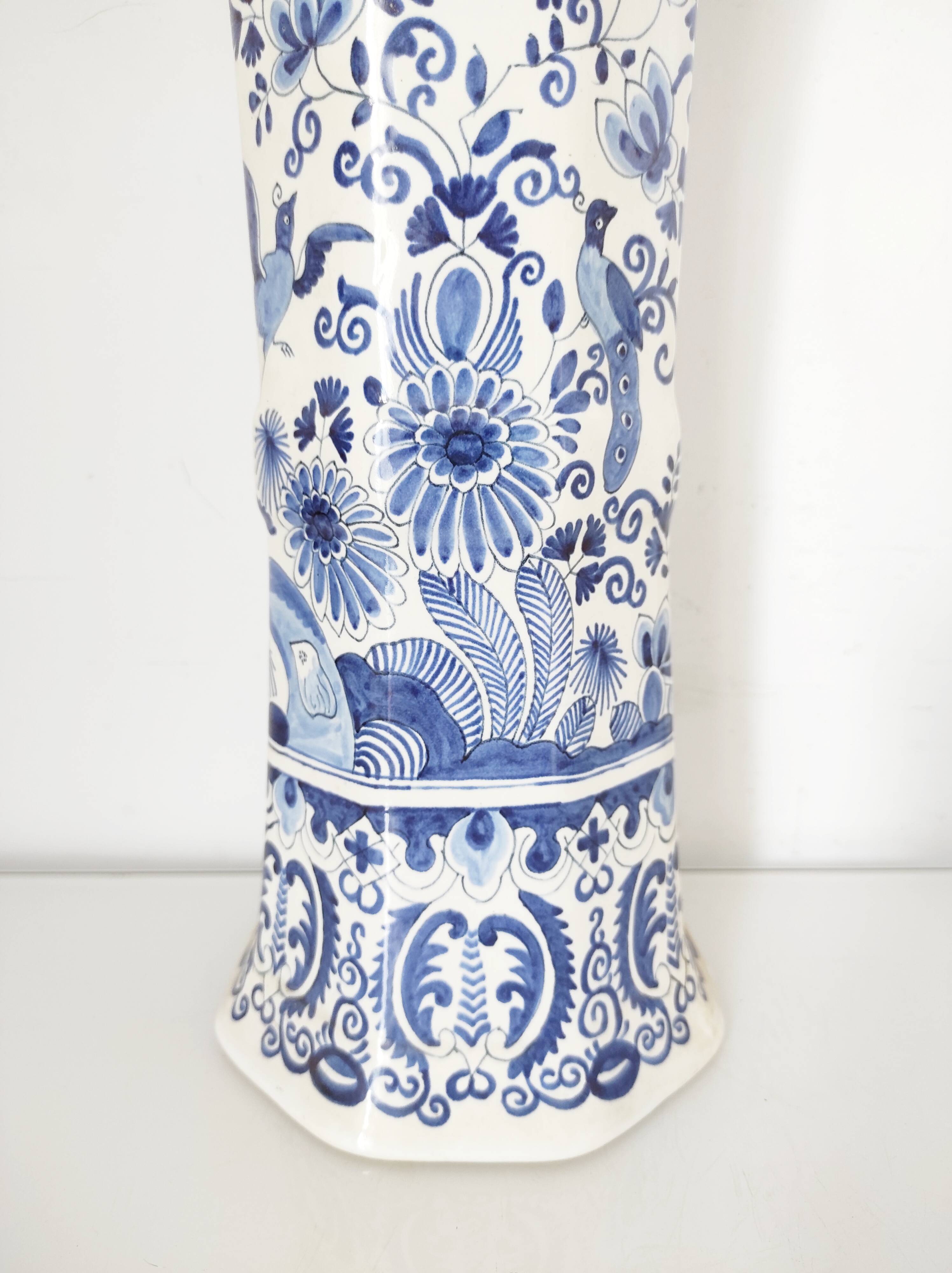 Octagonal vase blue birds BFK Boch Frères Kéramis 42 cm