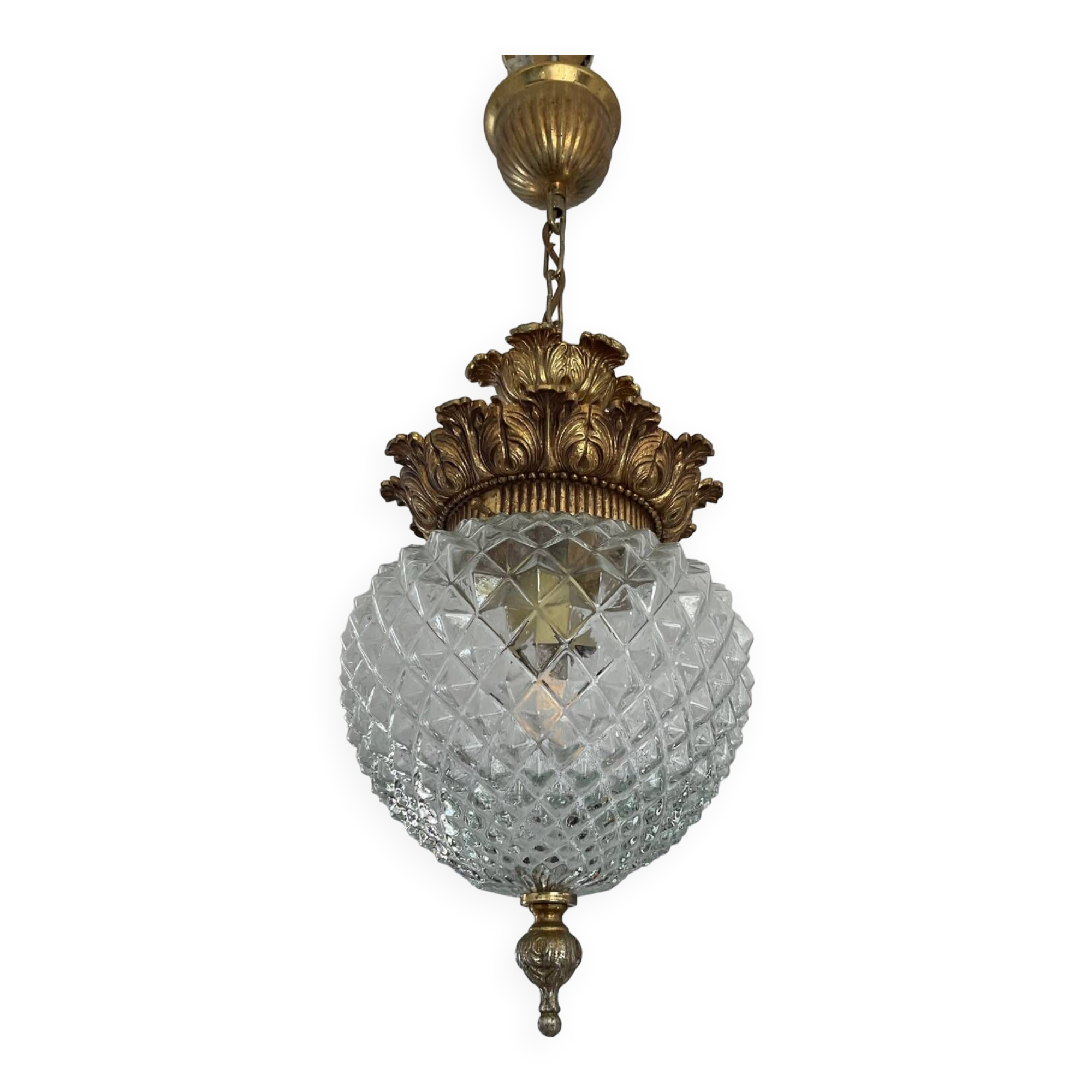 Vintage Pineapple pendant light in molded glass and gold metal