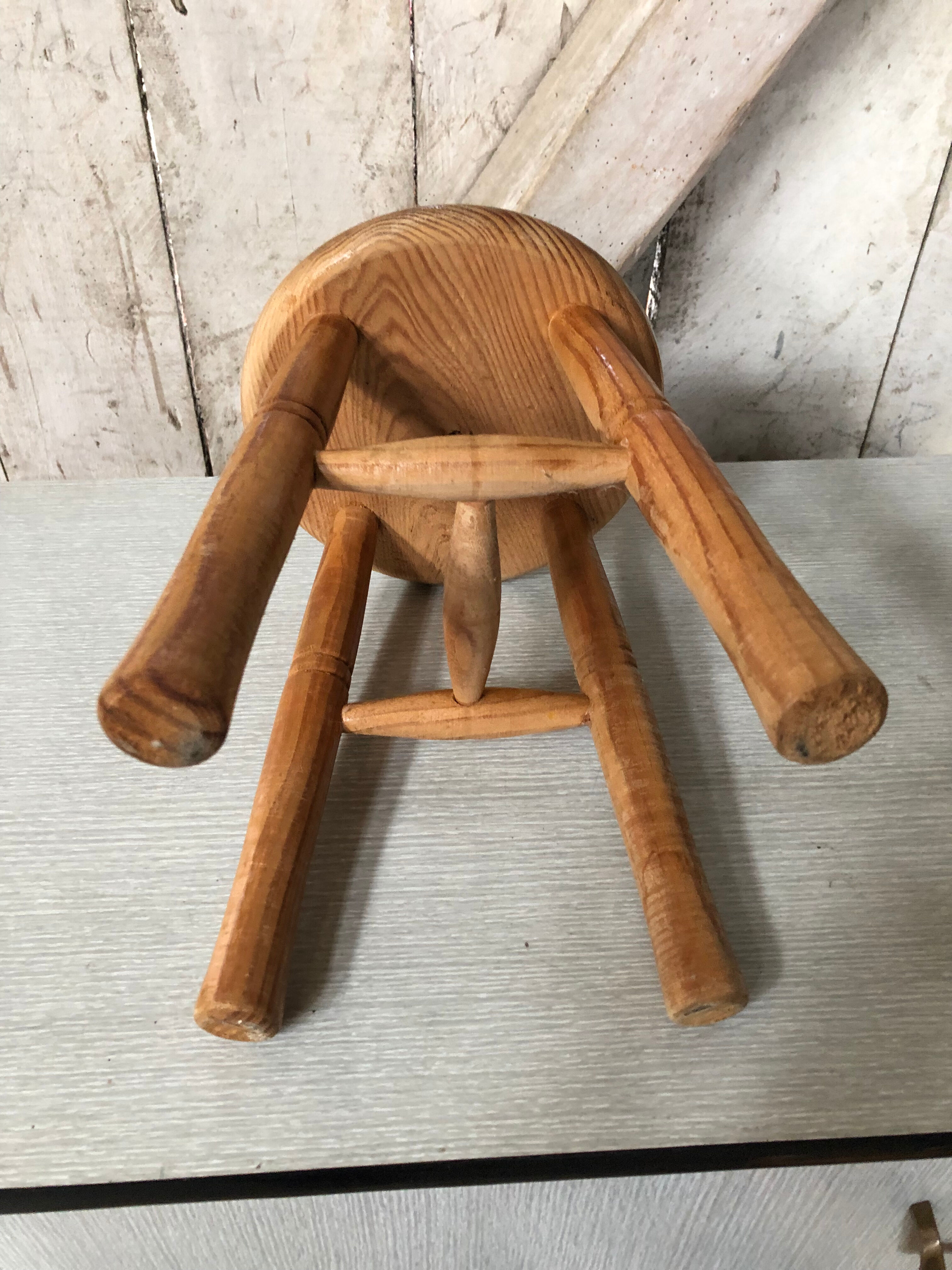 Pair old milking stool door pots light wood vintage