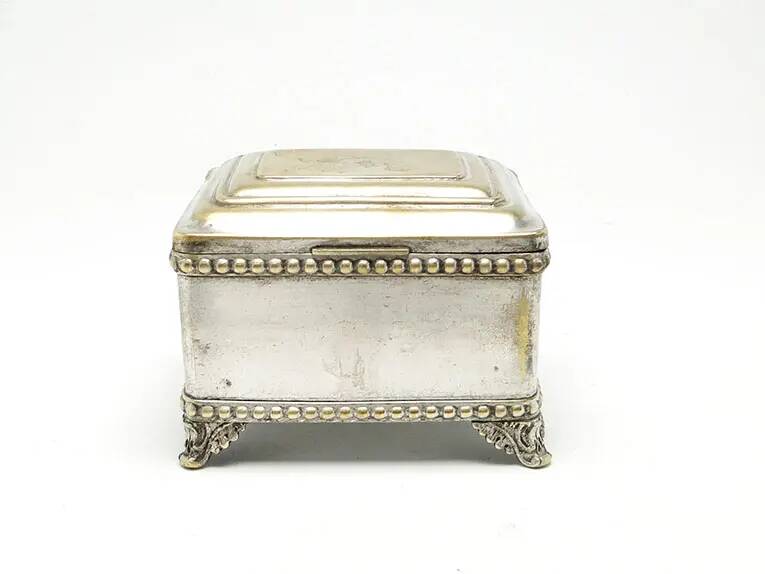Eclectic sugar bowl, silver-plated brass, Bracia Buch, Poland, early 20th century