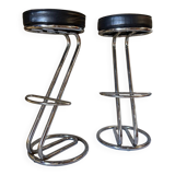 Pair of vintage 80s metal and faux leather bar stools