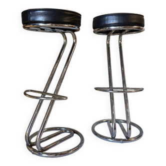 Paire de tabourets de bar en métal et similicuir vintage années 80