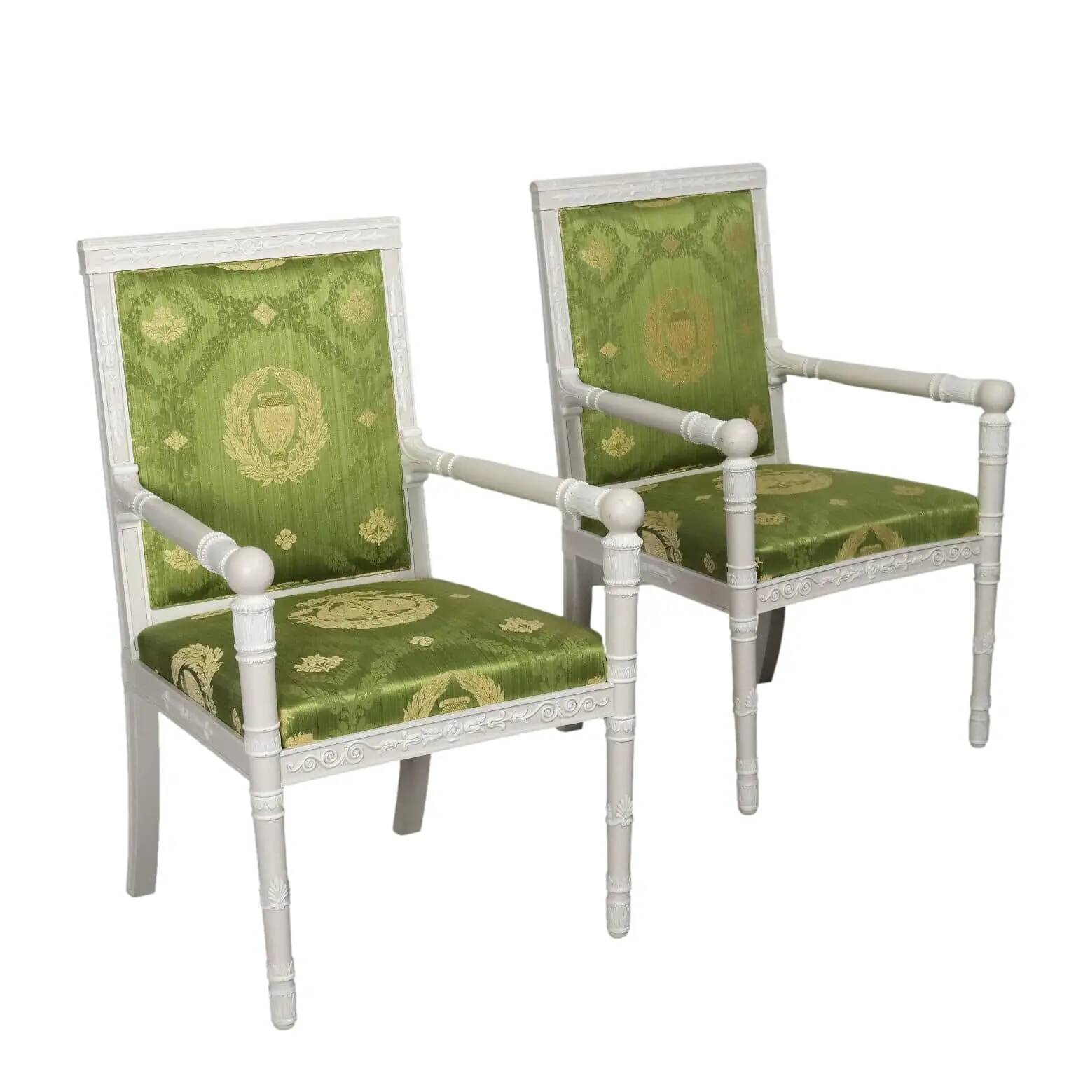 Antique lacquered wooden armchairs with decorations, Italy, 20th century