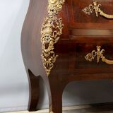 Commode ancienne en acajou, loupe d'Amboine, marbre rouge et bronze