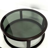 Italian Vintage Large Round coffee table in wood and fume glass. 1970s