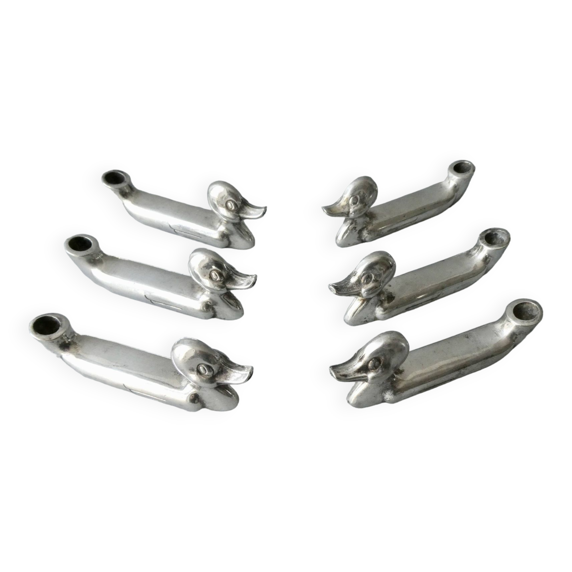 6 duck-shaped knife holders in silver metal with flower holder, Art Deco