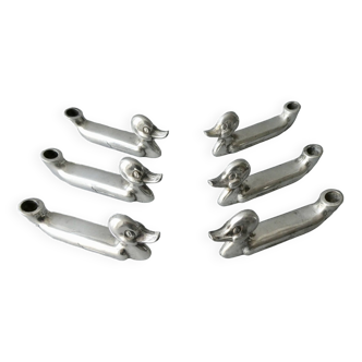 6 duck-shaped knife holders in silver metal with flower holder, Art Deco