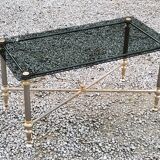 Coffee table of the 70s in neo-classical style gilded metal base and chrome smoked glass top