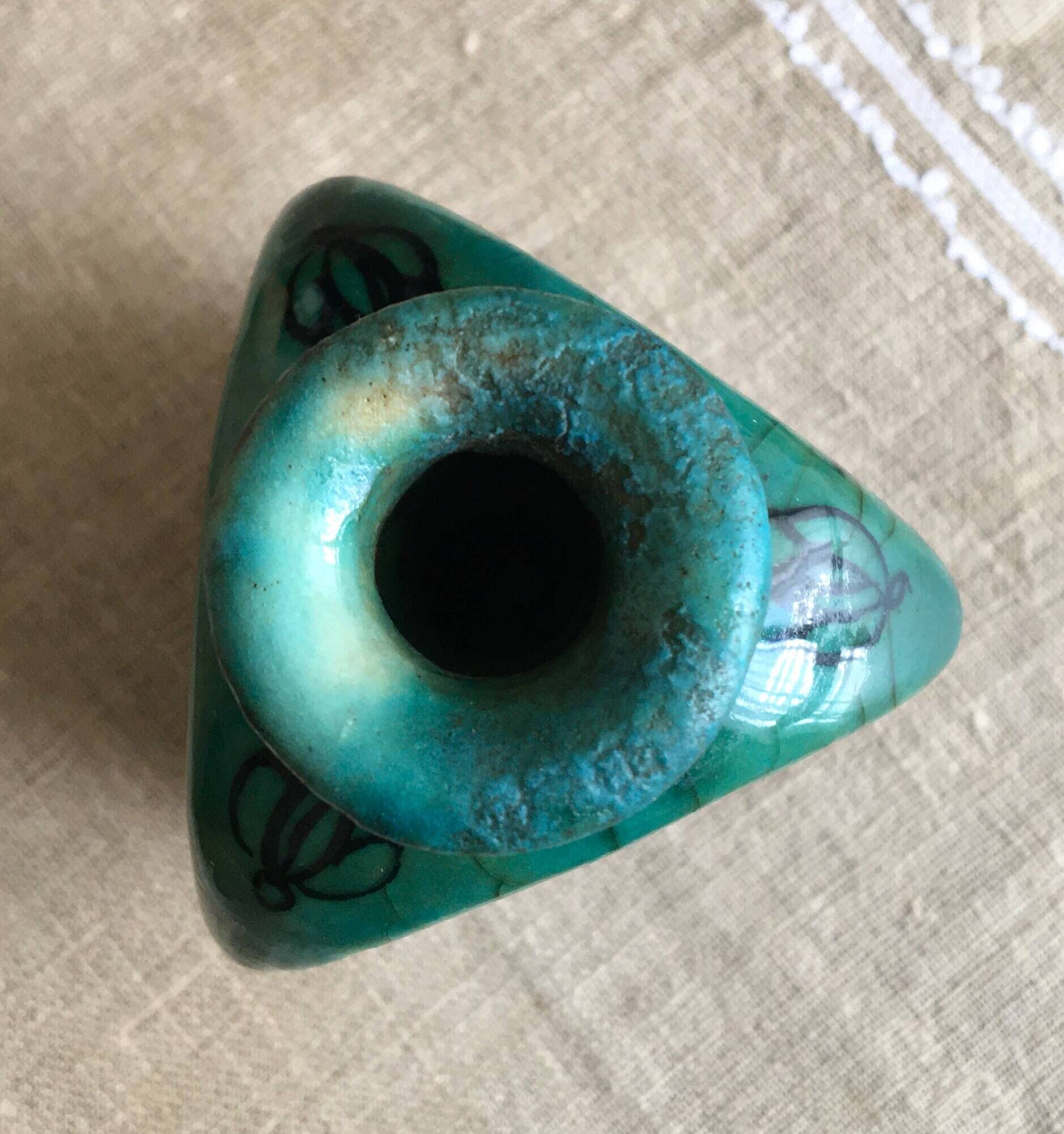 Antique Iranian three-sided blue ceramic bottle