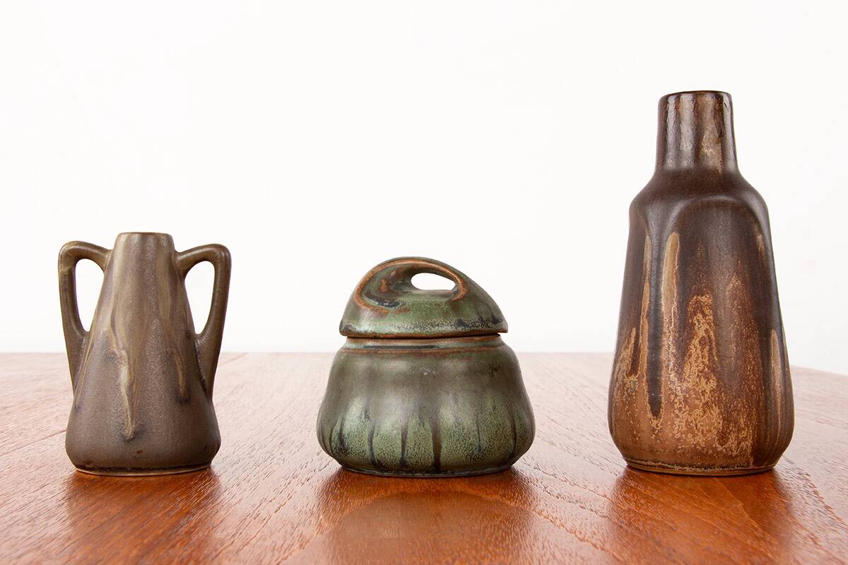 Lot de 3 céramiques Denbac Art-Déco en grès flammé 1930.