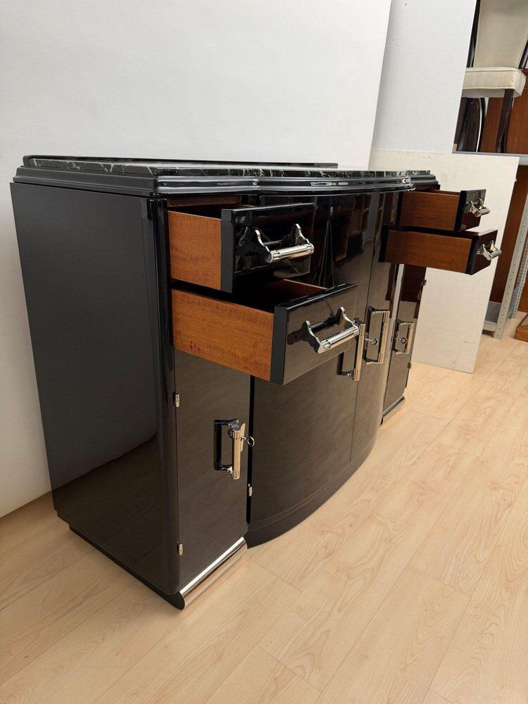 Art Deco sideboard in black lacquer, nickel, marble and mahogany, 1930s