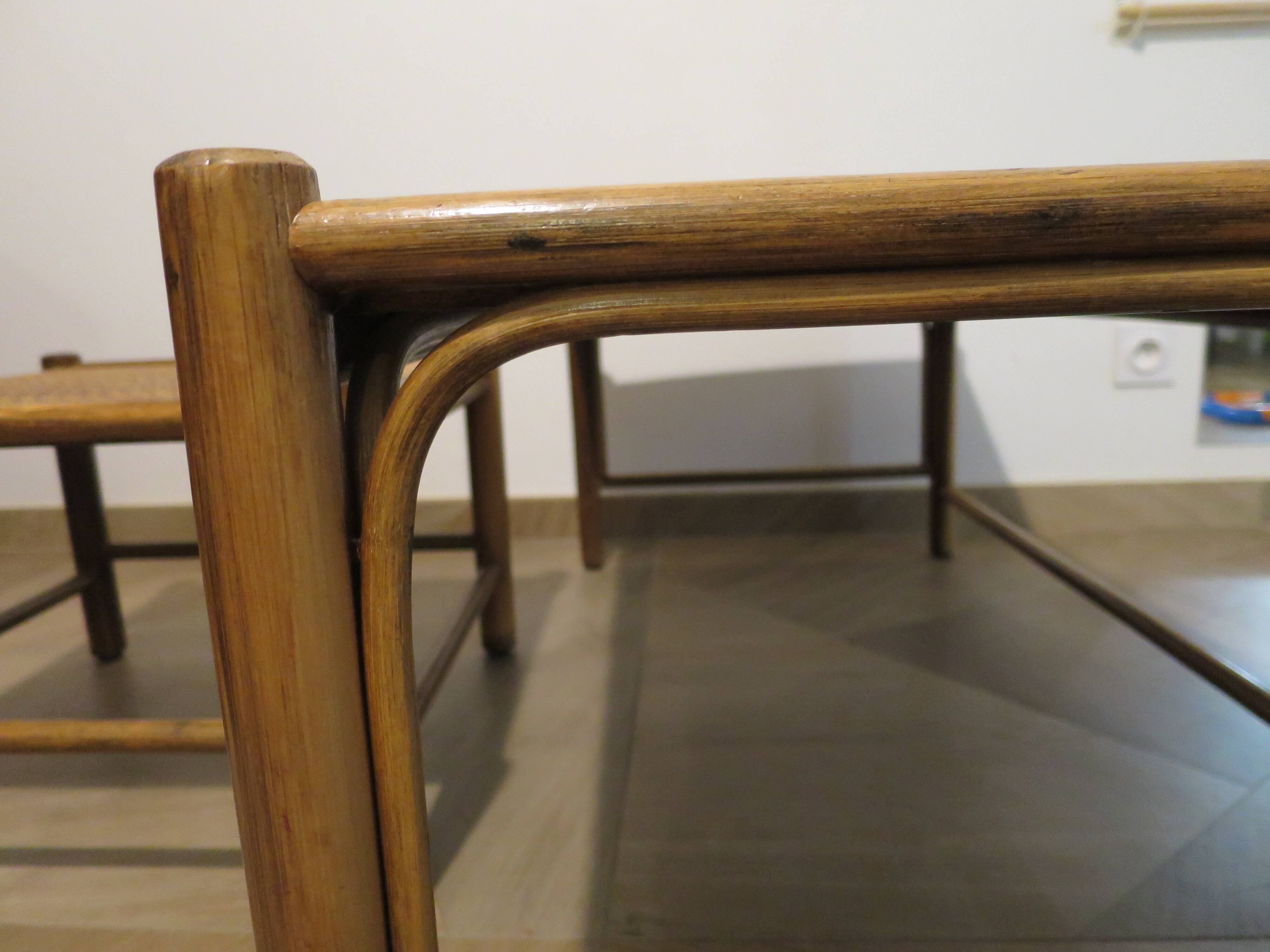 Vintage nesting coffee tables - wood and woven rattan - natural color - 60s