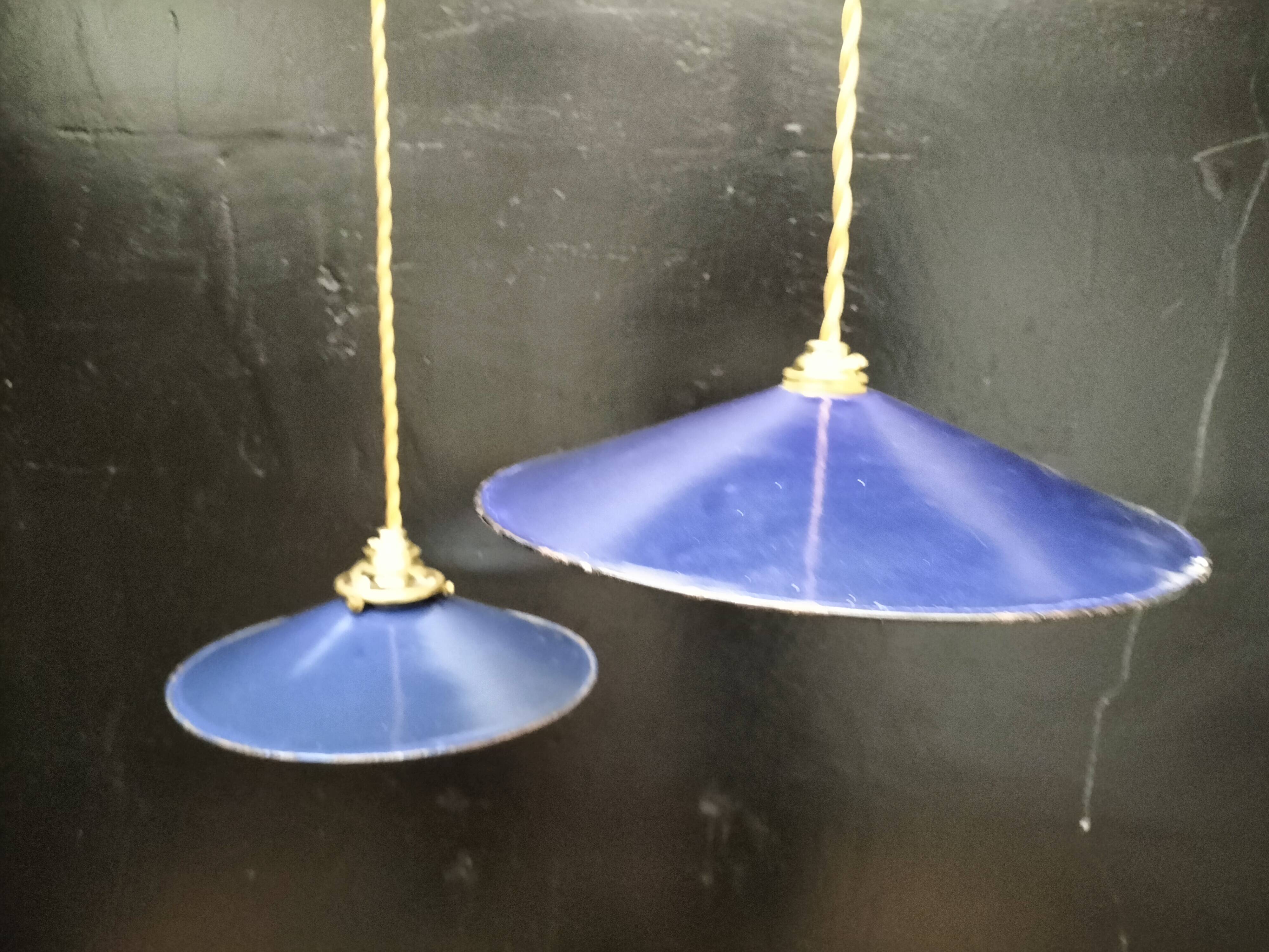Blue enameled sheet metal pendant lights
