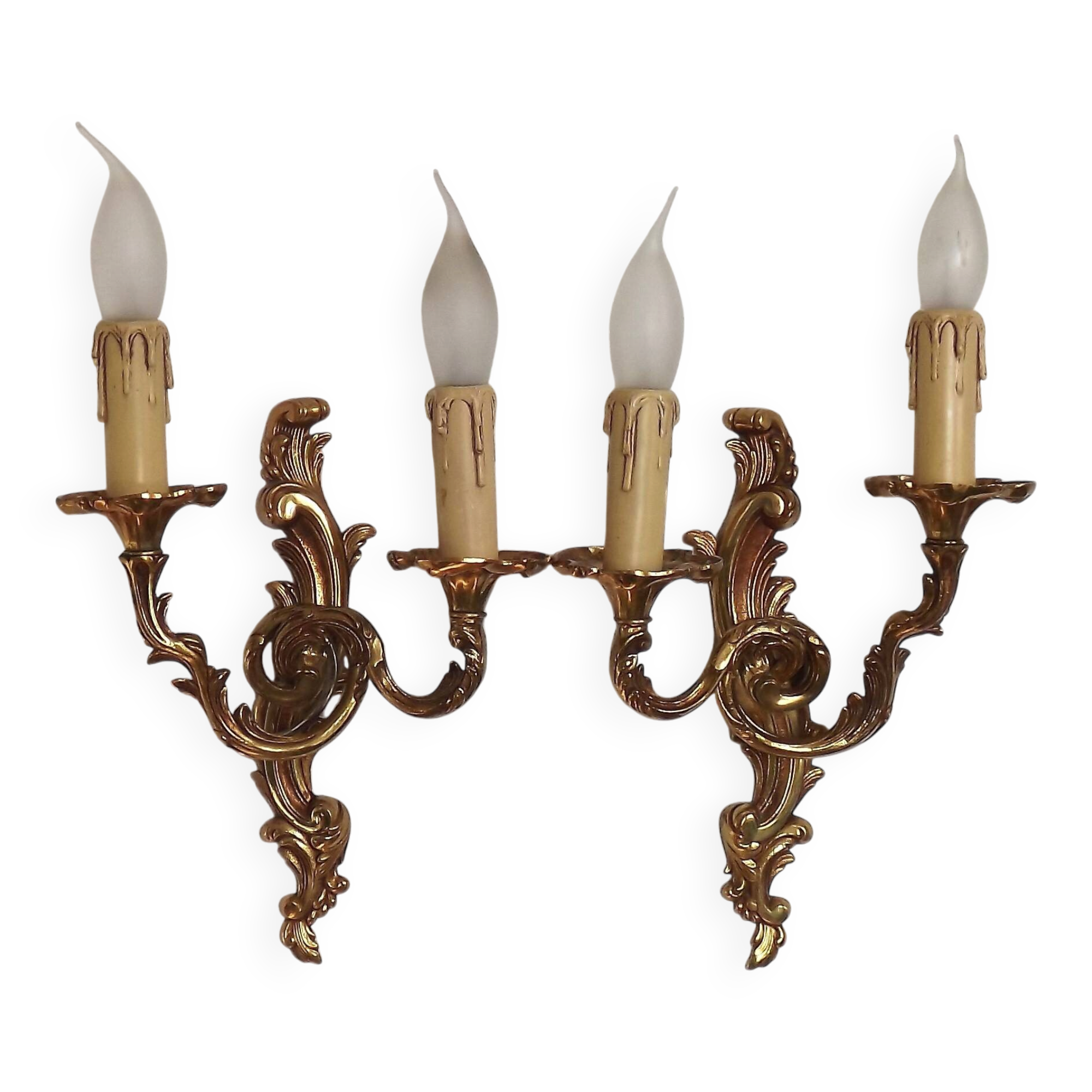 Stylish Vintage French Bronze Double Wall Sconces with Acanthus Leaf Detail