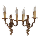 Stylish Vintage French Bronze Double Wall Sconces with Acanthus Leaf Detail