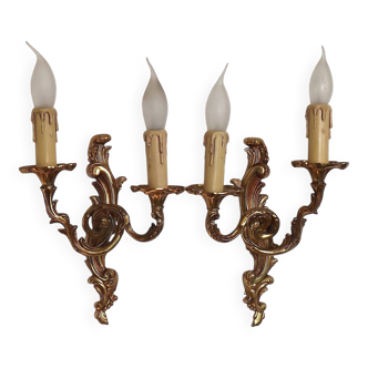 Stylish Vintage French Bronze Double Wall Sconces with Acanthus Leaf Detail