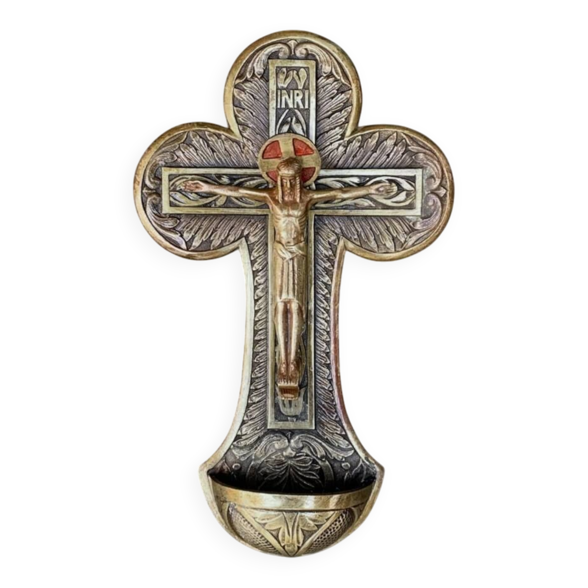 Old holy water stoup crucifix – patinated bronze