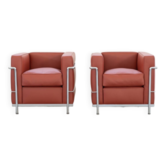 Pair of armchairs, lc2 carmin club chair, le corbusier and charlotte perriand for cassina-1980