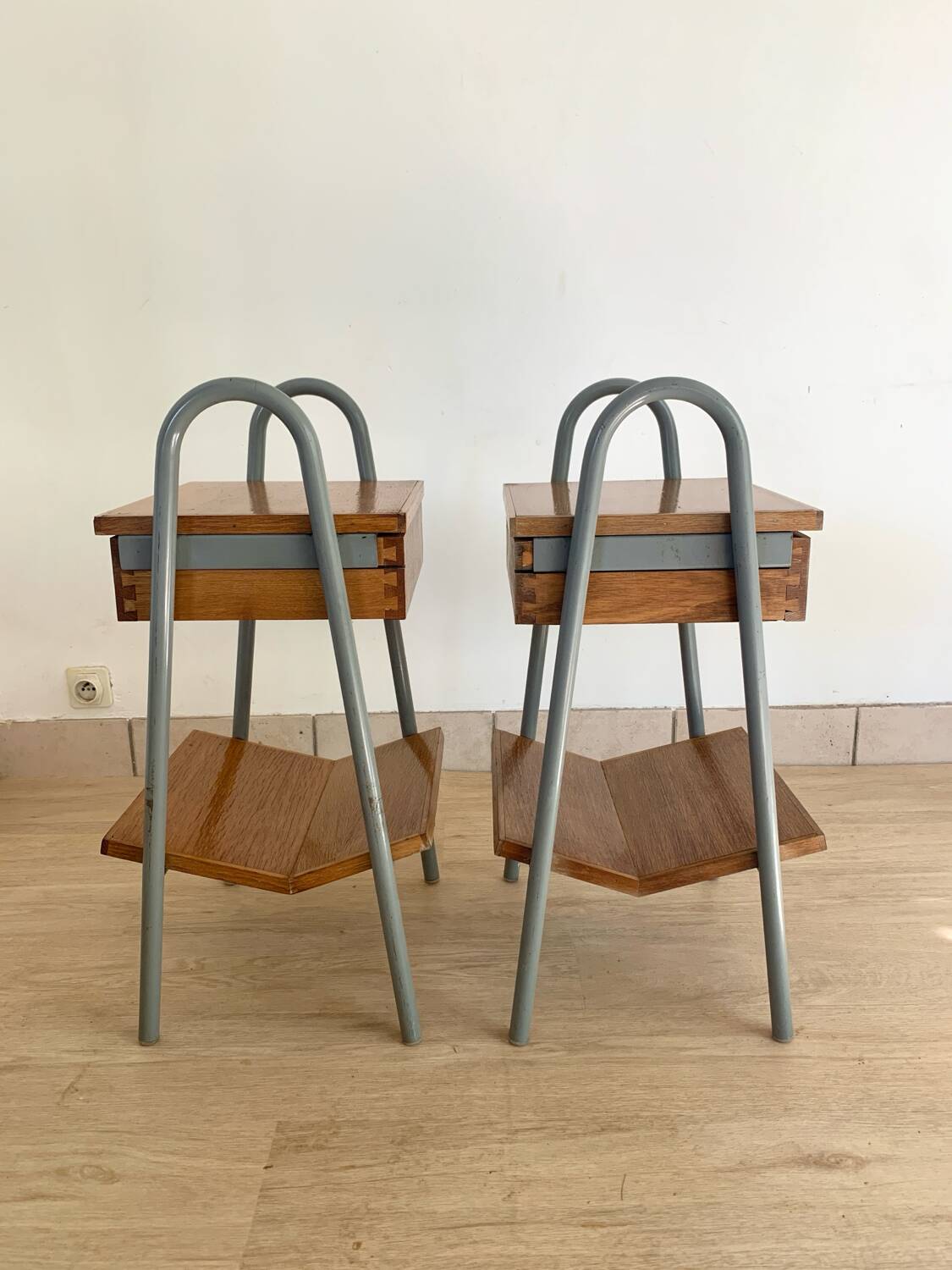 Pair of vintage boarding school bedside tables