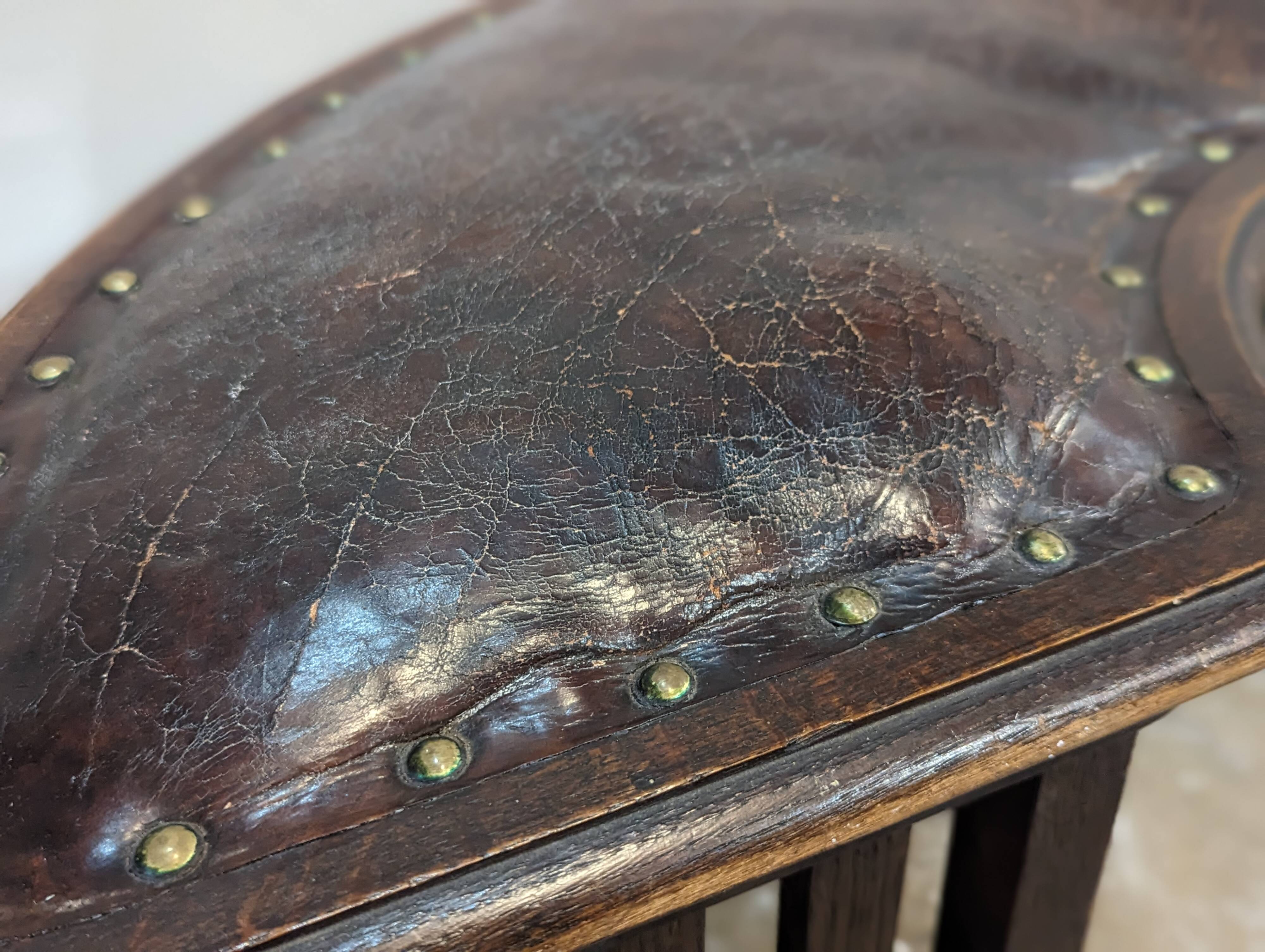 Old fireplace bench, wrought iron leather and oak