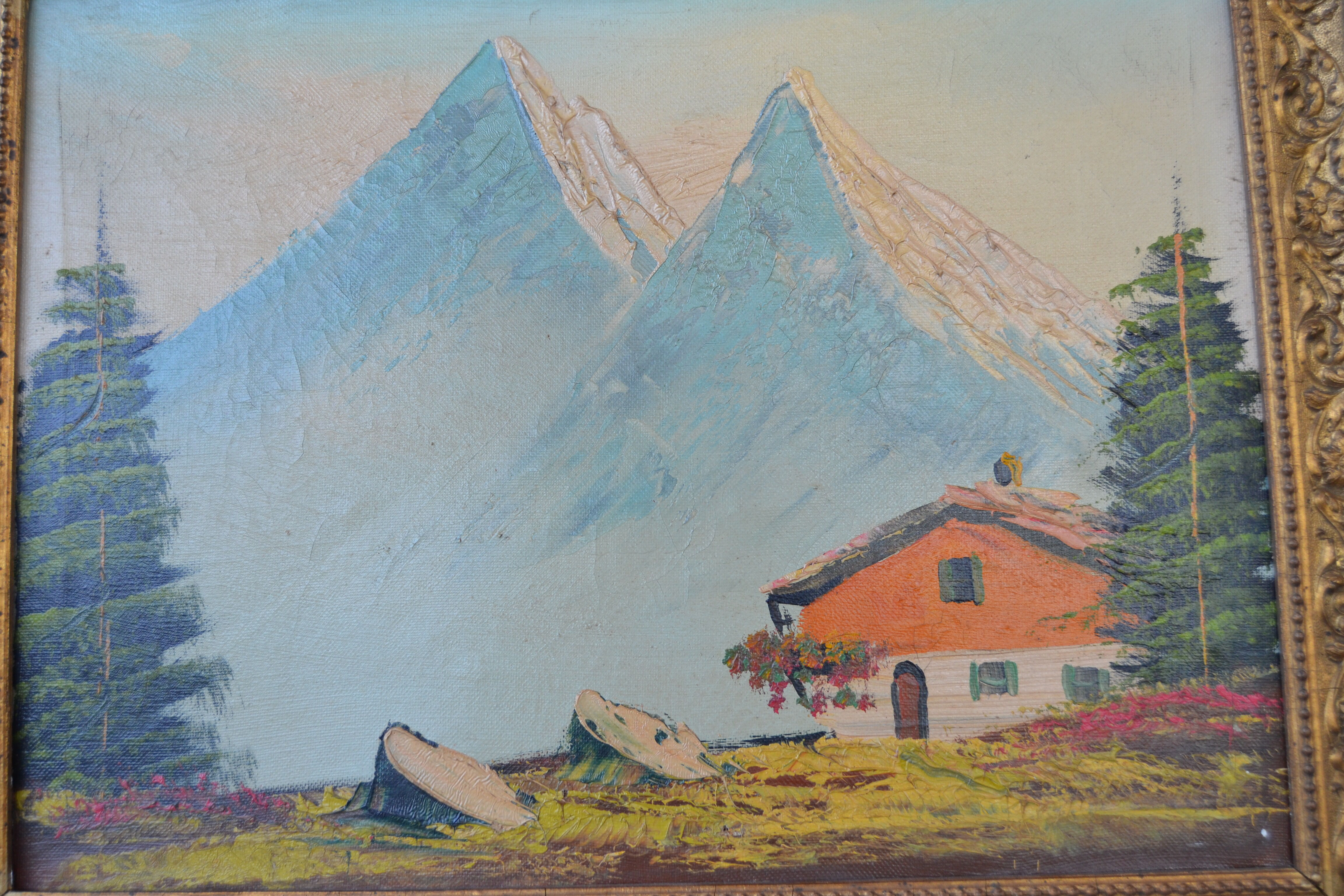 Ancient painting 19th century mountain landscape