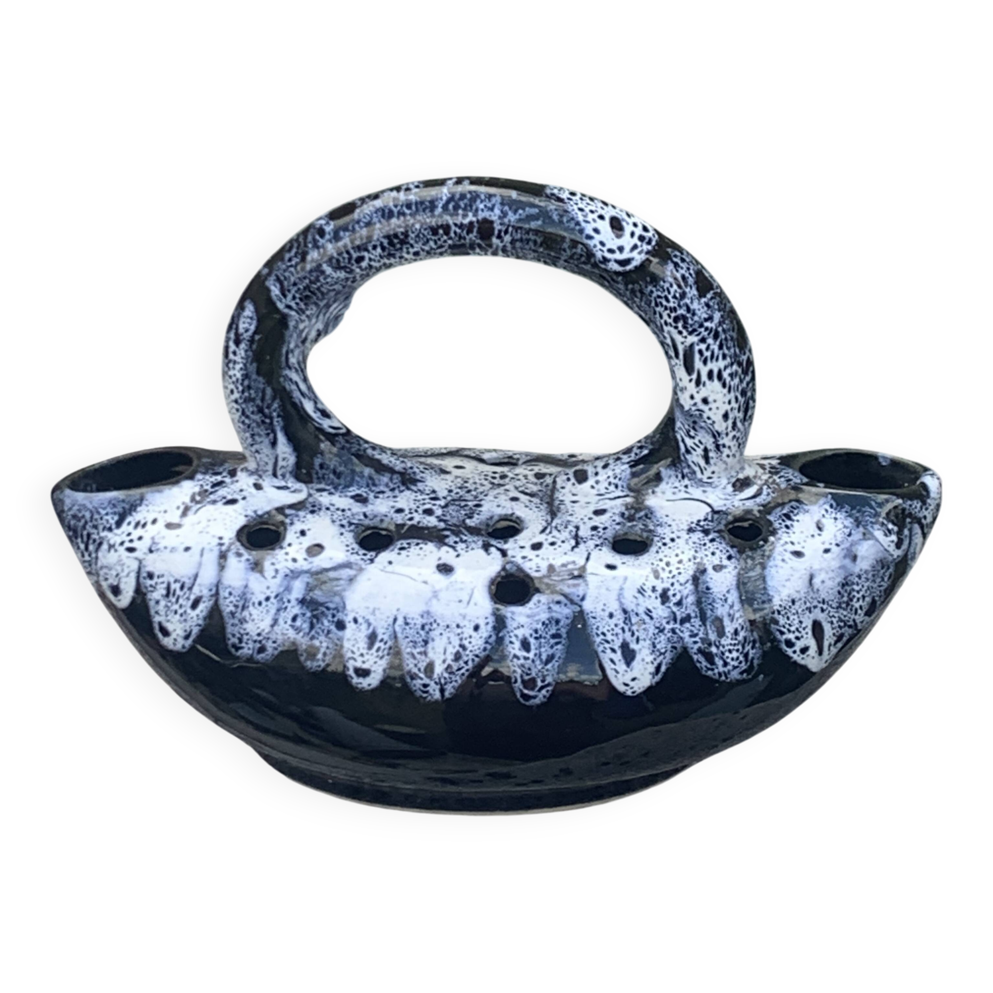 Midnight blue and white glazed ceramic flower pick, 1960/1970, vintage