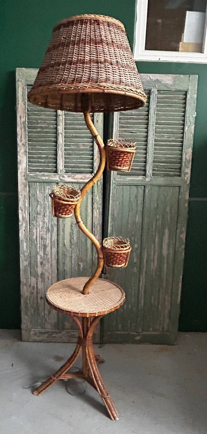 1960s rattan floor lamp – 3-in-1